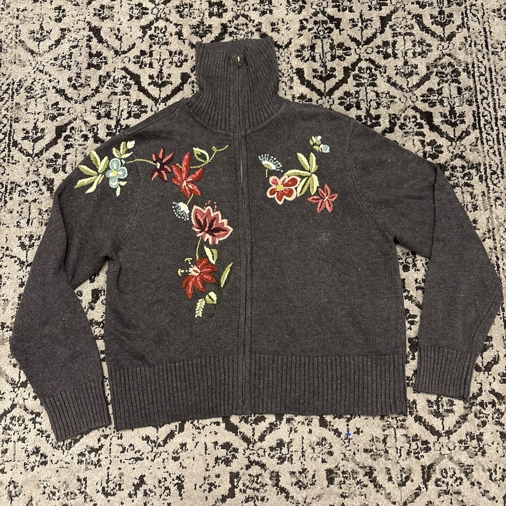 VTG Tiara International Zip Up Cardigan Gray Floral Embroidery Long Sleeve XL